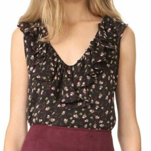 Rebecca Minkoff Floral Blouse Womens Small Black Sleeveless VNeck Ruffle Relaxed - Picture 6 of 9